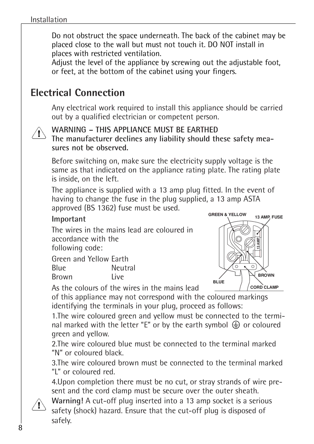 Electrolux 1050GS8 manual Electrical Connection 