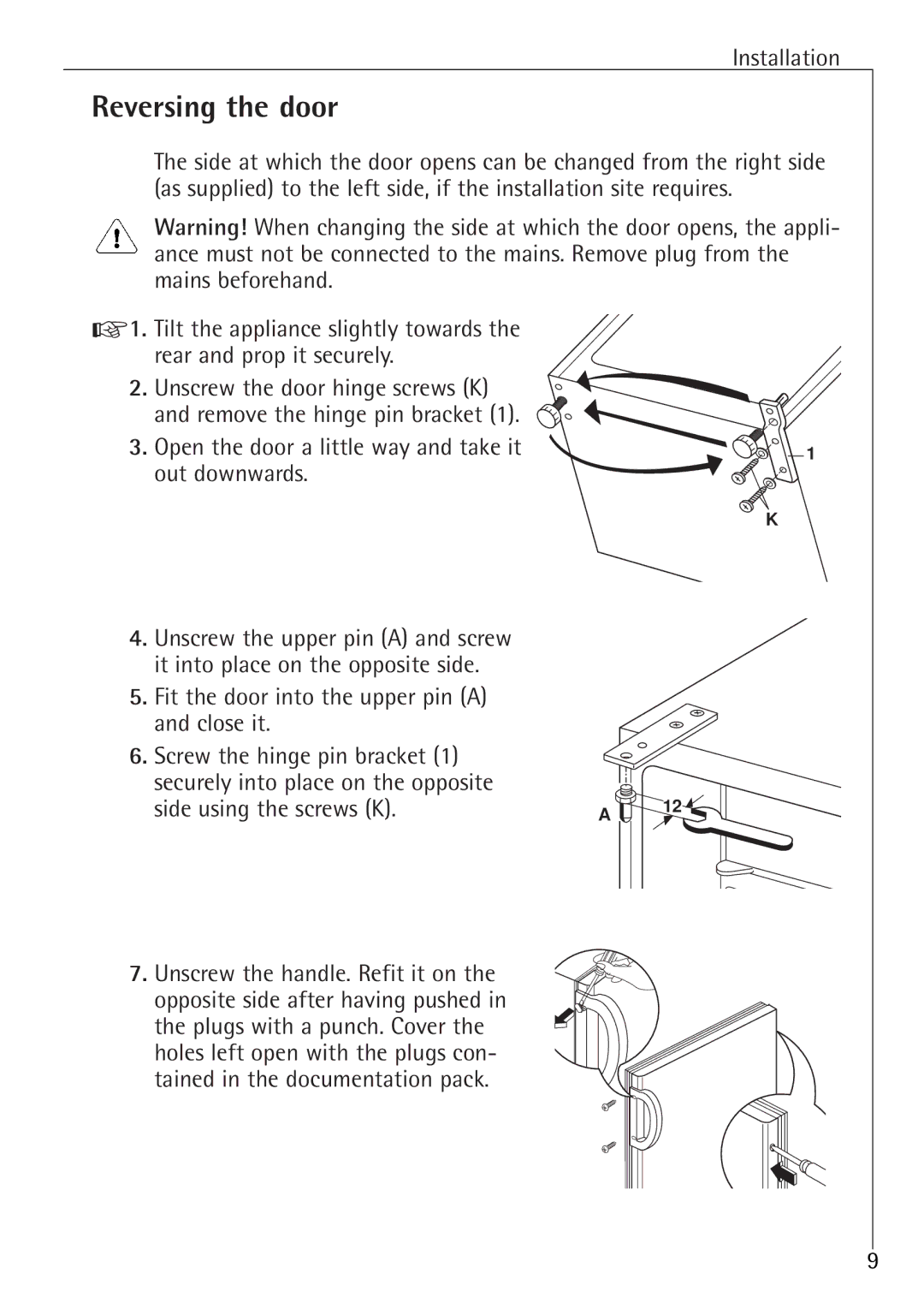 Electrolux 1050GS8 manual Reversing the door, Open the door a little way and take it 