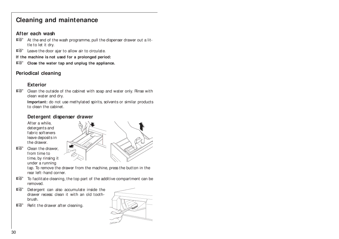 Electrolux 1051 VI fele manual Cleaning and maintenance, After each wash, Periodical cleaning Exterior 