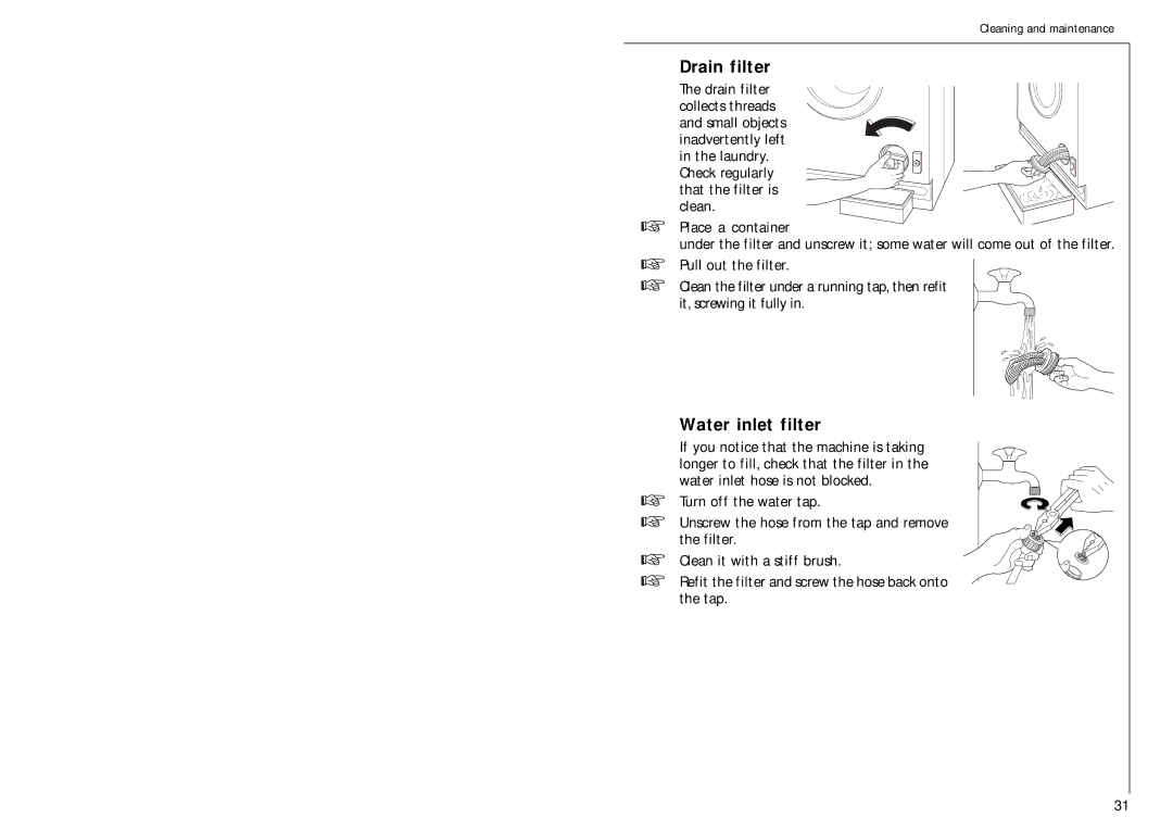 Electrolux 1051 VI fele manual Drain filter, Water inlet filter 