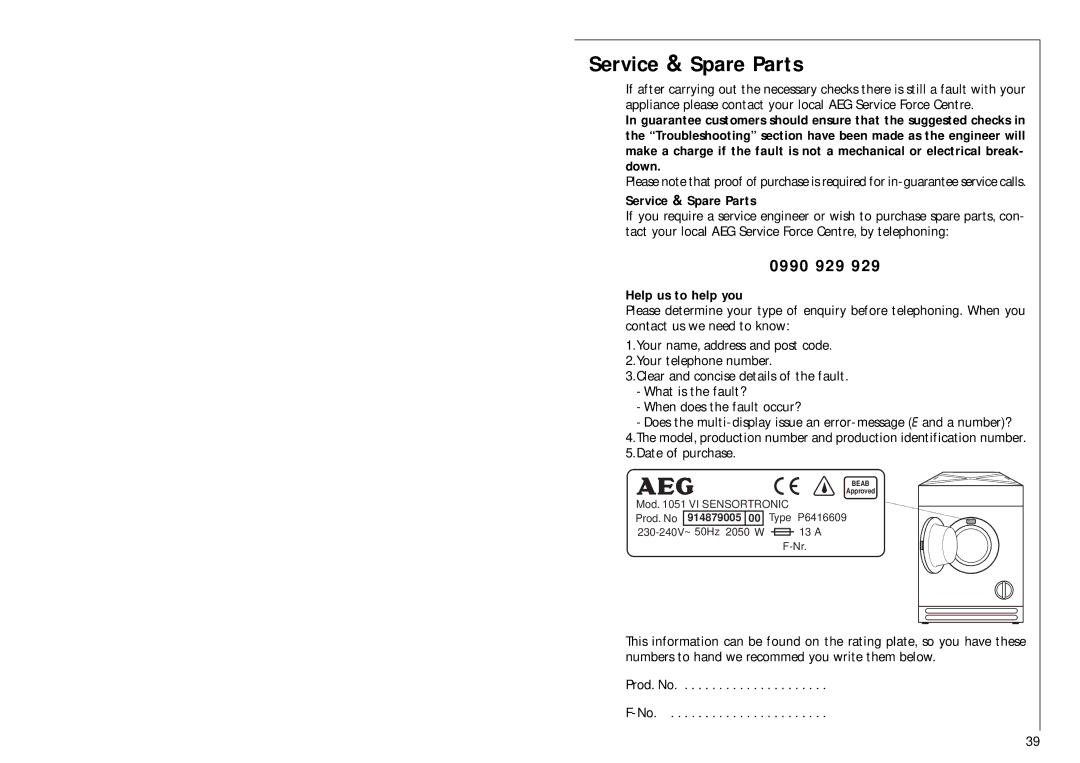 Electrolux 1051 VI fele manual Service & Spare Parts, 0990 929, Help us to help you 