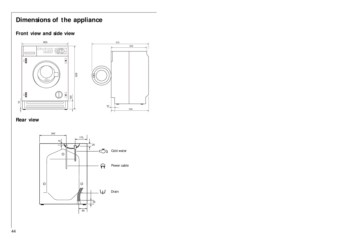 Electrolux 1051 VI fele manual Front view and side view, Rear view 