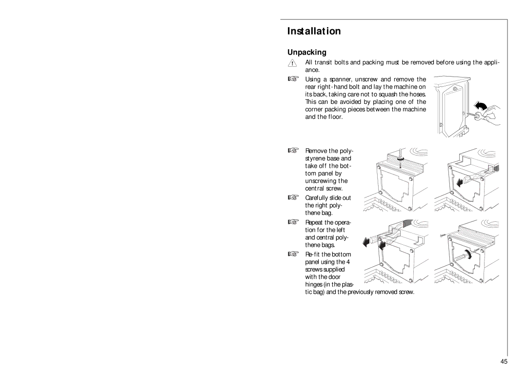 Electrolux 1051 VI fele manual Installation, Unpacking 