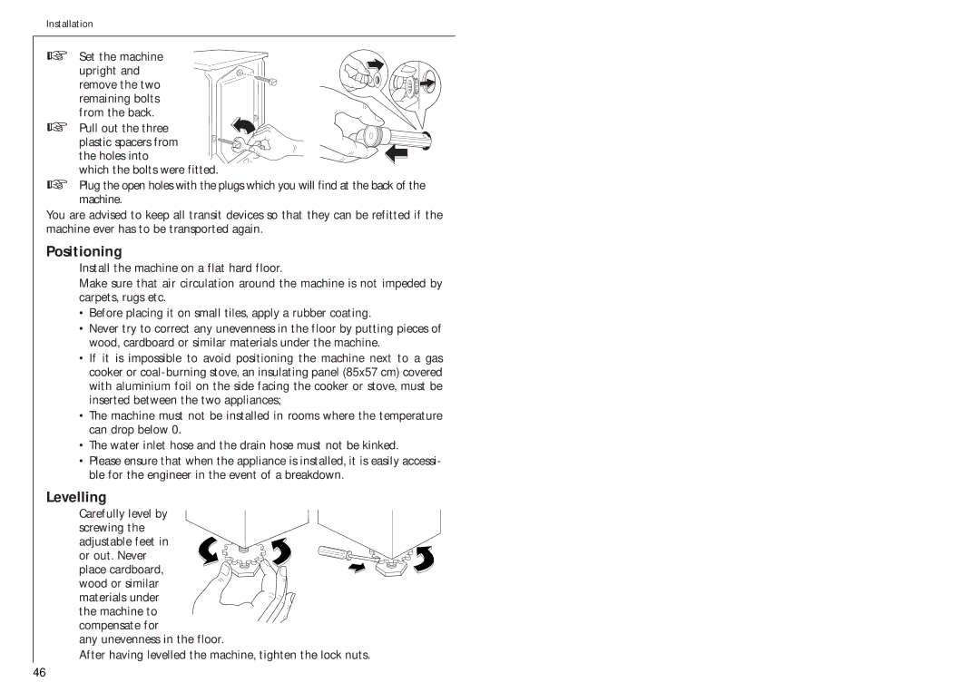 Electrolux 1051 VI fele manual Positioning, Levelling 