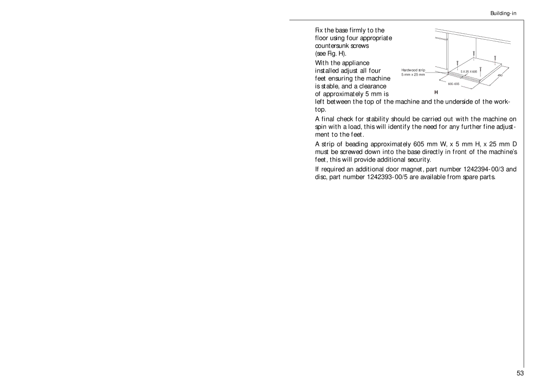 Electrolux 1051 VI fele manual See Fig. H With the appliance Installed adjust all four 