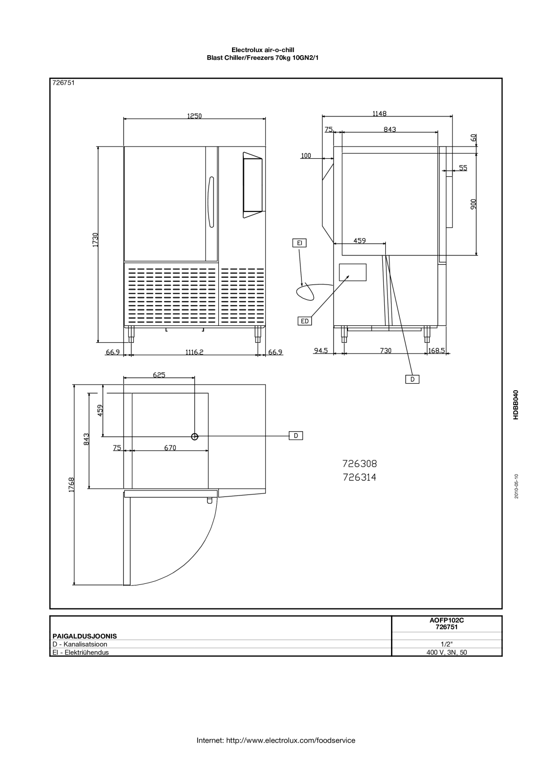 Electrolux 10GN2/1 manual Paigaldusjoonis, Kanalisatsioon EI Elektriühendus 400 V, 3N 