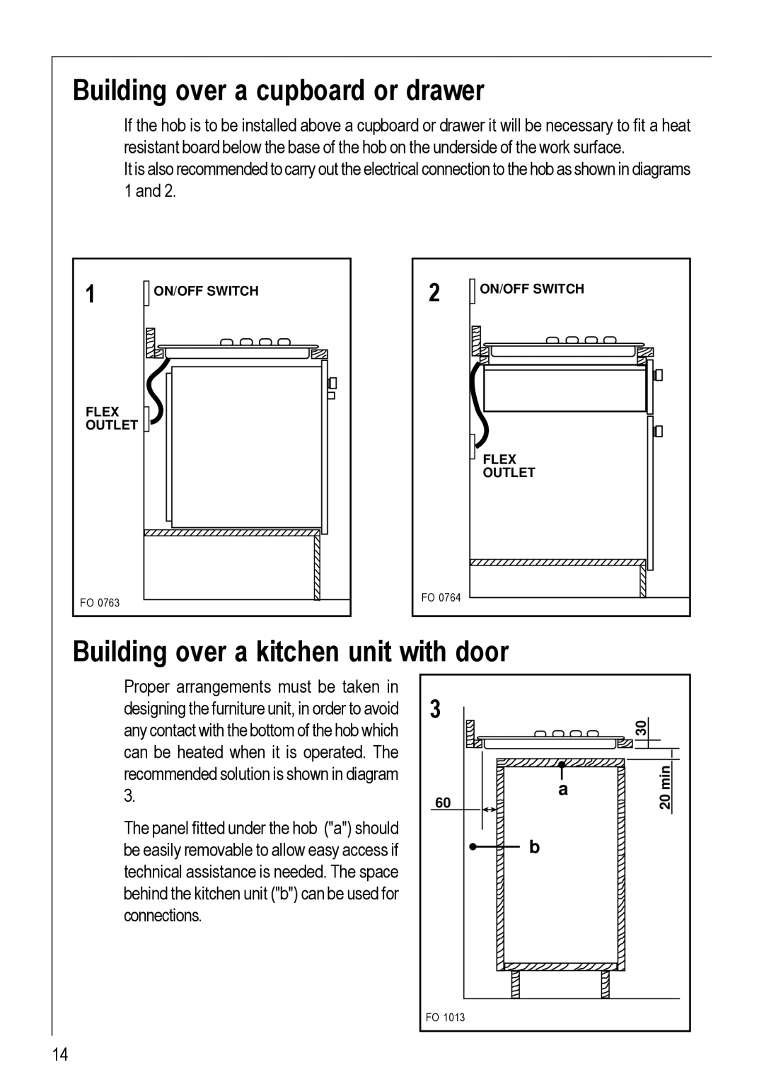 Electrolux 111 K operating instructions Building over a cupboard or drawer, Building over a kitchen unit with door 