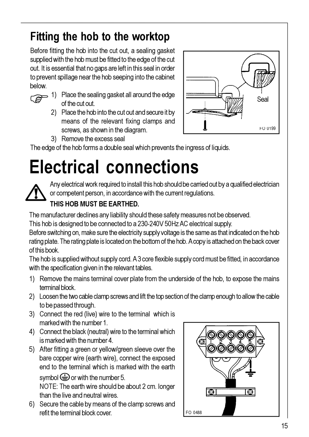 Electrolux 111 K operating instructions Electrical connections, Fitting the hob to the worktop, This HOB Must be Earthed 