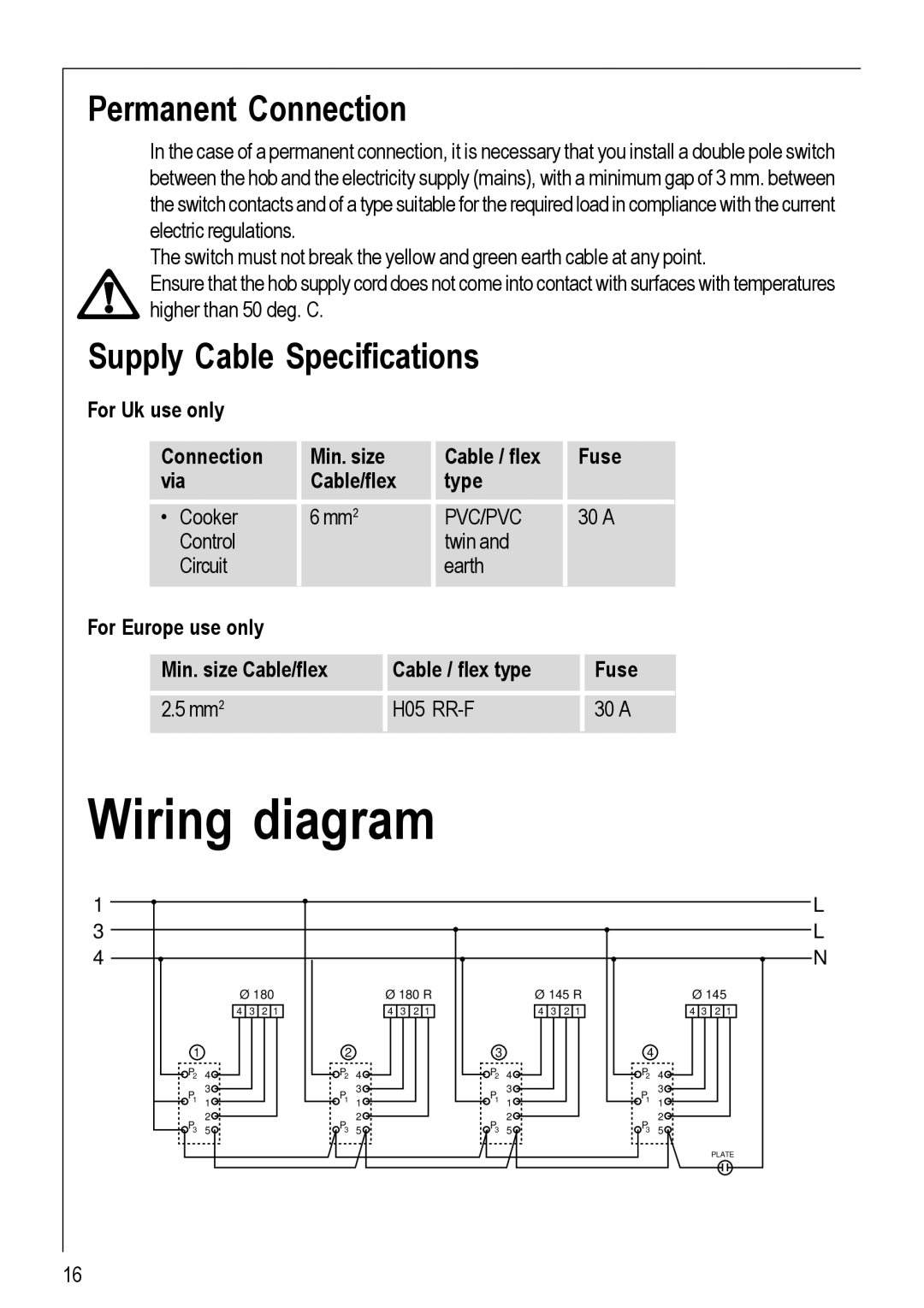 Electrolux 111 K operating instructions Wiring diagram, Permanent Connection, Supply Cable Specifications, Pvc/Pvc 