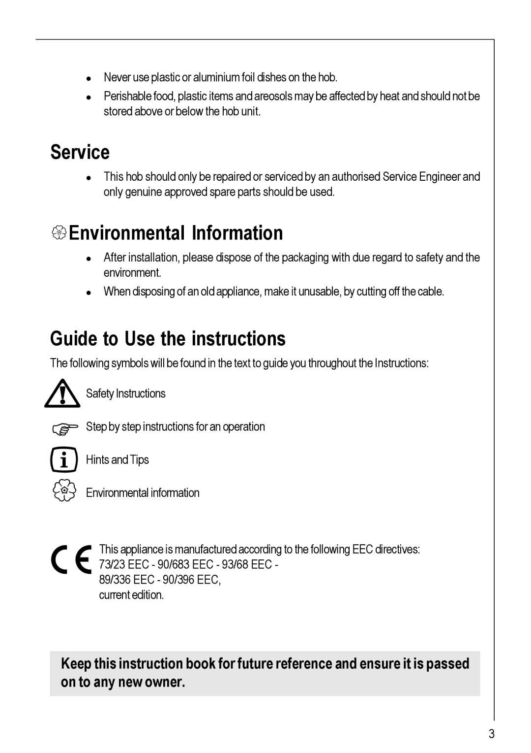 Electrolux 111 K operating instructions Service, Environmental Information, Guide to Use the instructions 