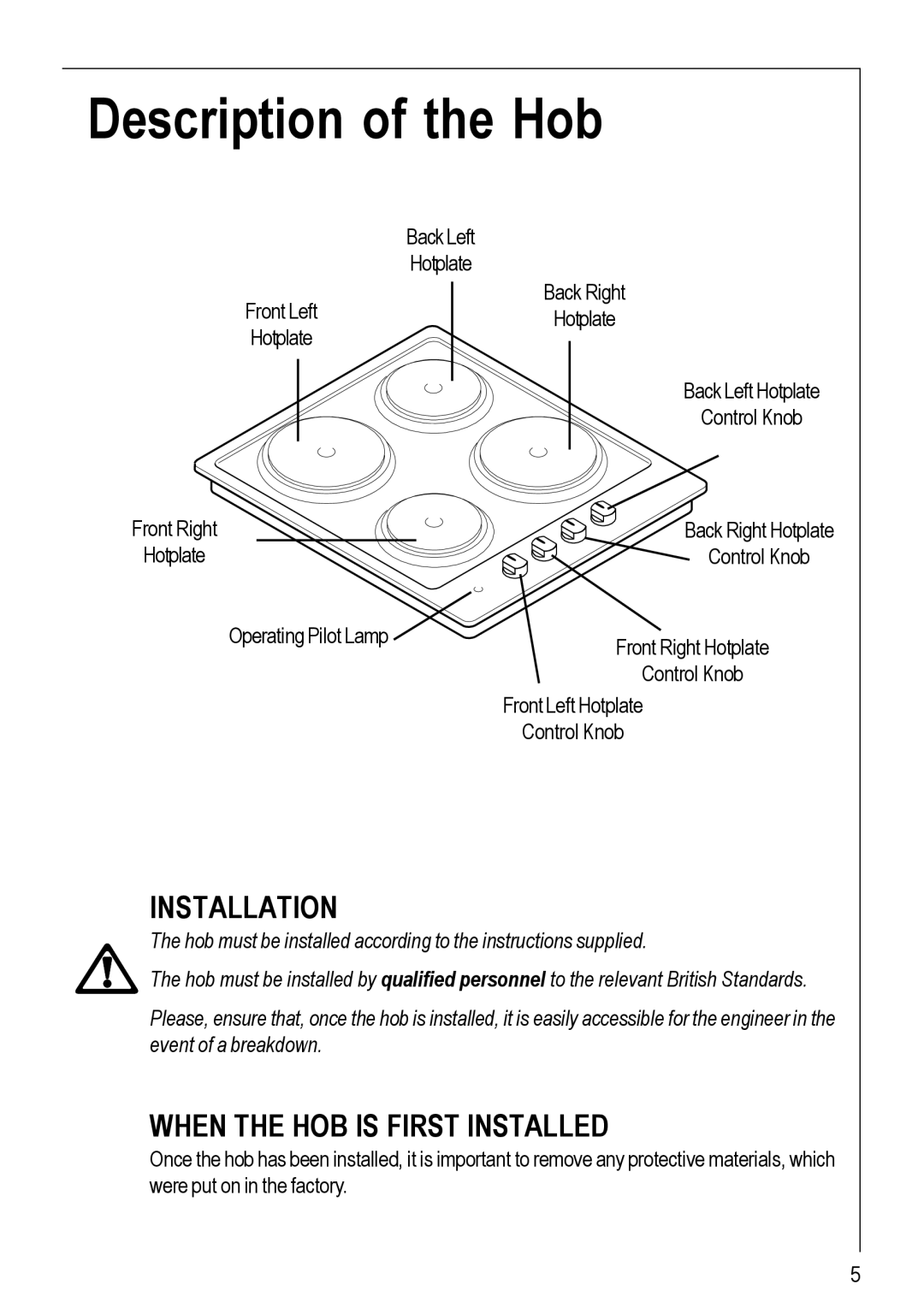 Electrolux 111 K operating instructions Description of the Hob, Installation 