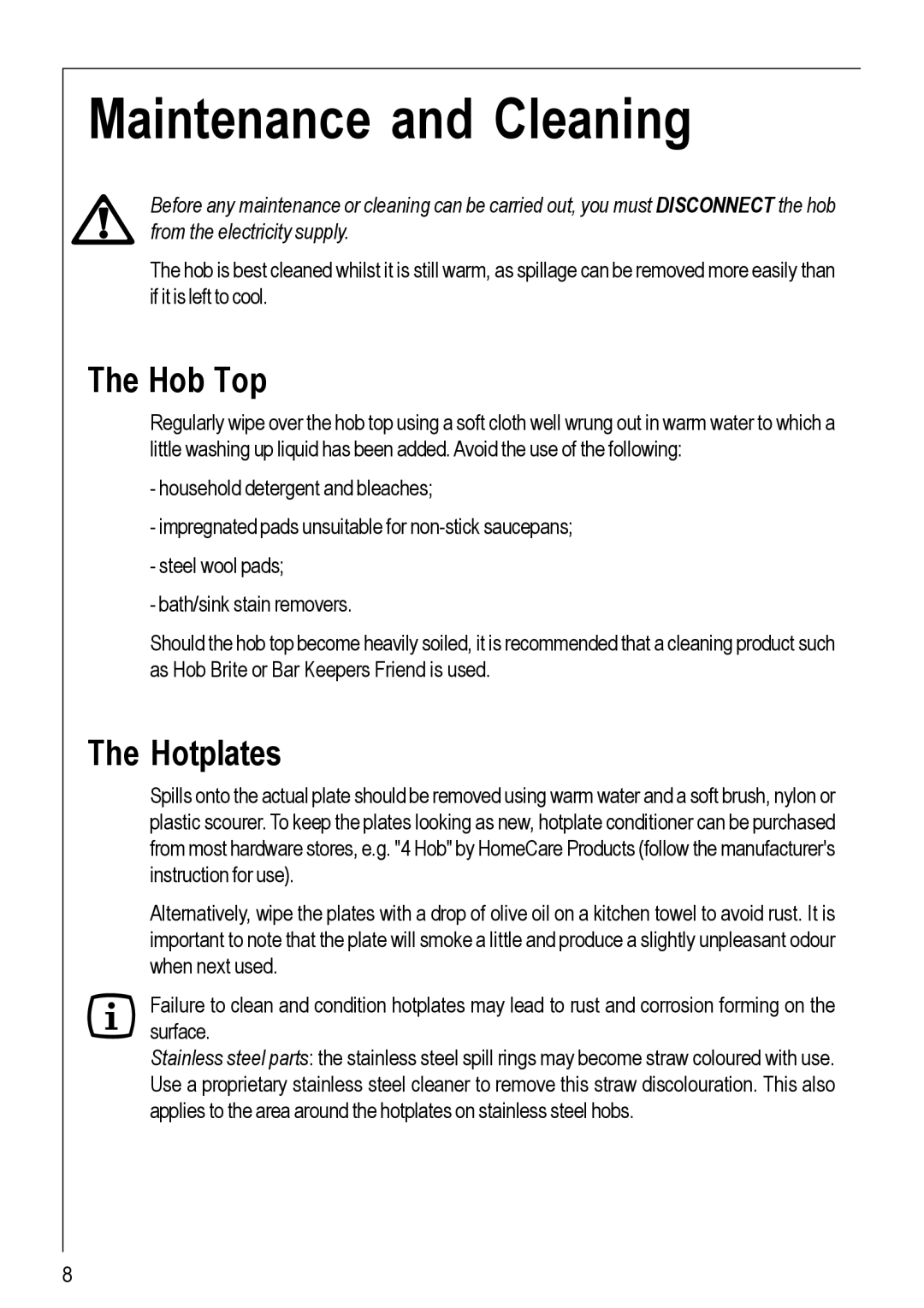 Electrolux 111 K operating instructions Maintenance and Cleaning, Hob Top, Hotplates 