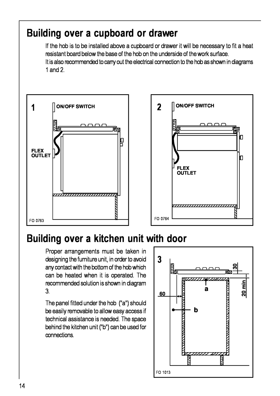 Electrolux 111 K operating instructions Building over a cupboard or drawer, Building over a kitchen unit with door 