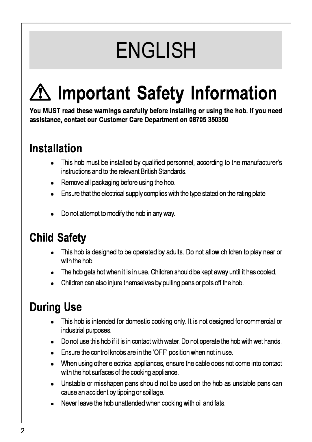 Electrolux 111 K operating instructions English, Important Safety Information, Installation, Child Safety, During Use 