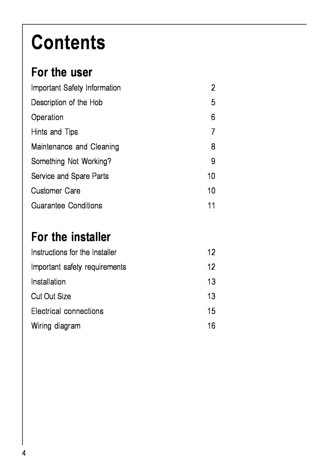Electrolux 111 K operating instructions Contents, For the user, For the installer 