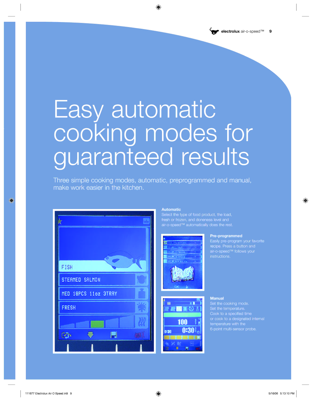 Electrolux 111677 manual Automatic, Pre-programmed, Manual 