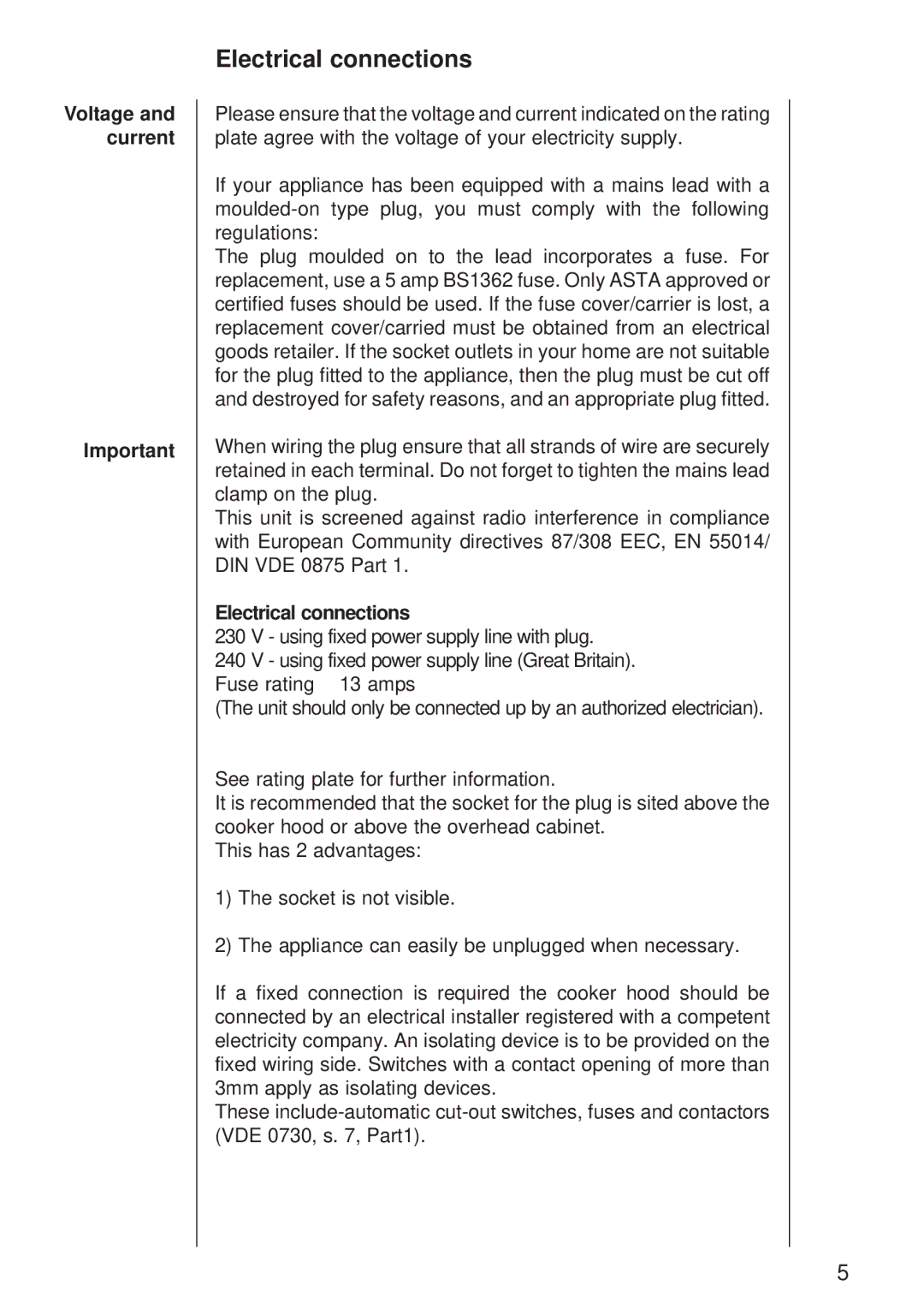 Electrolux 115 D manual Electrical connections, Voltage and current 