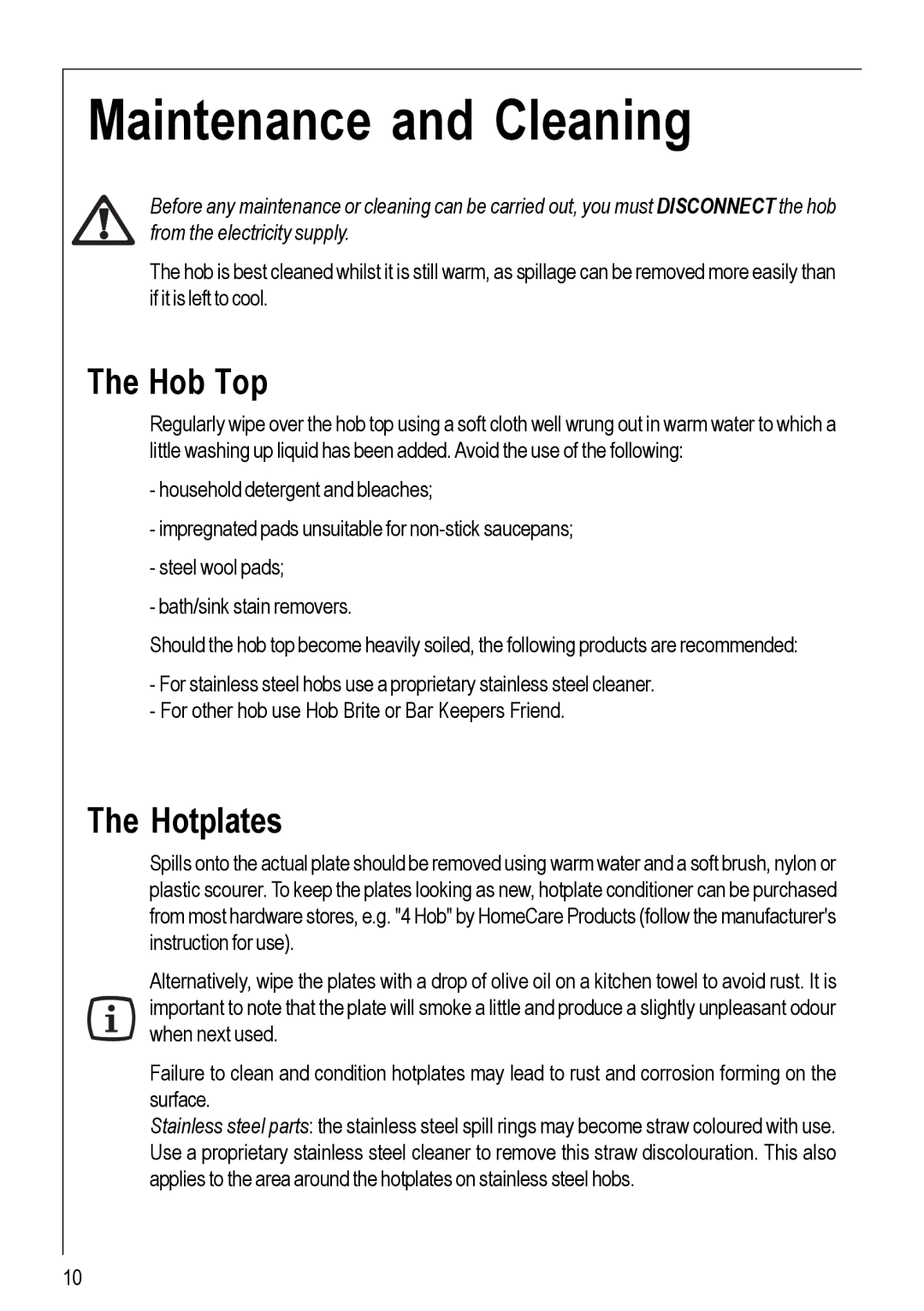 Electrolux 116 K operating instructions Maintenance and Cleaning, Hob Top, Hotplates 