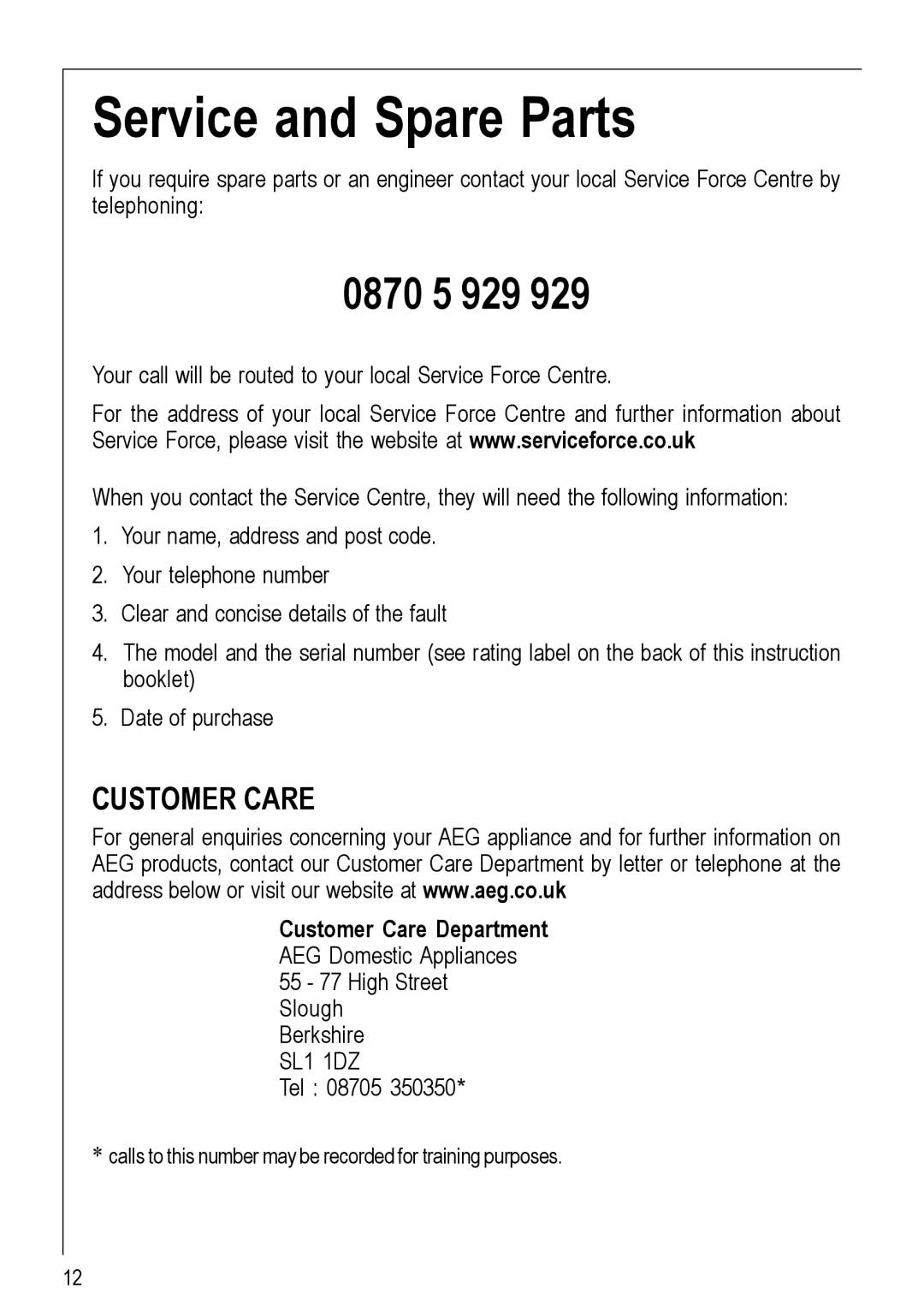 Electrolux 116 K operating instructions Service and Spare Parts, 0870 5 929 