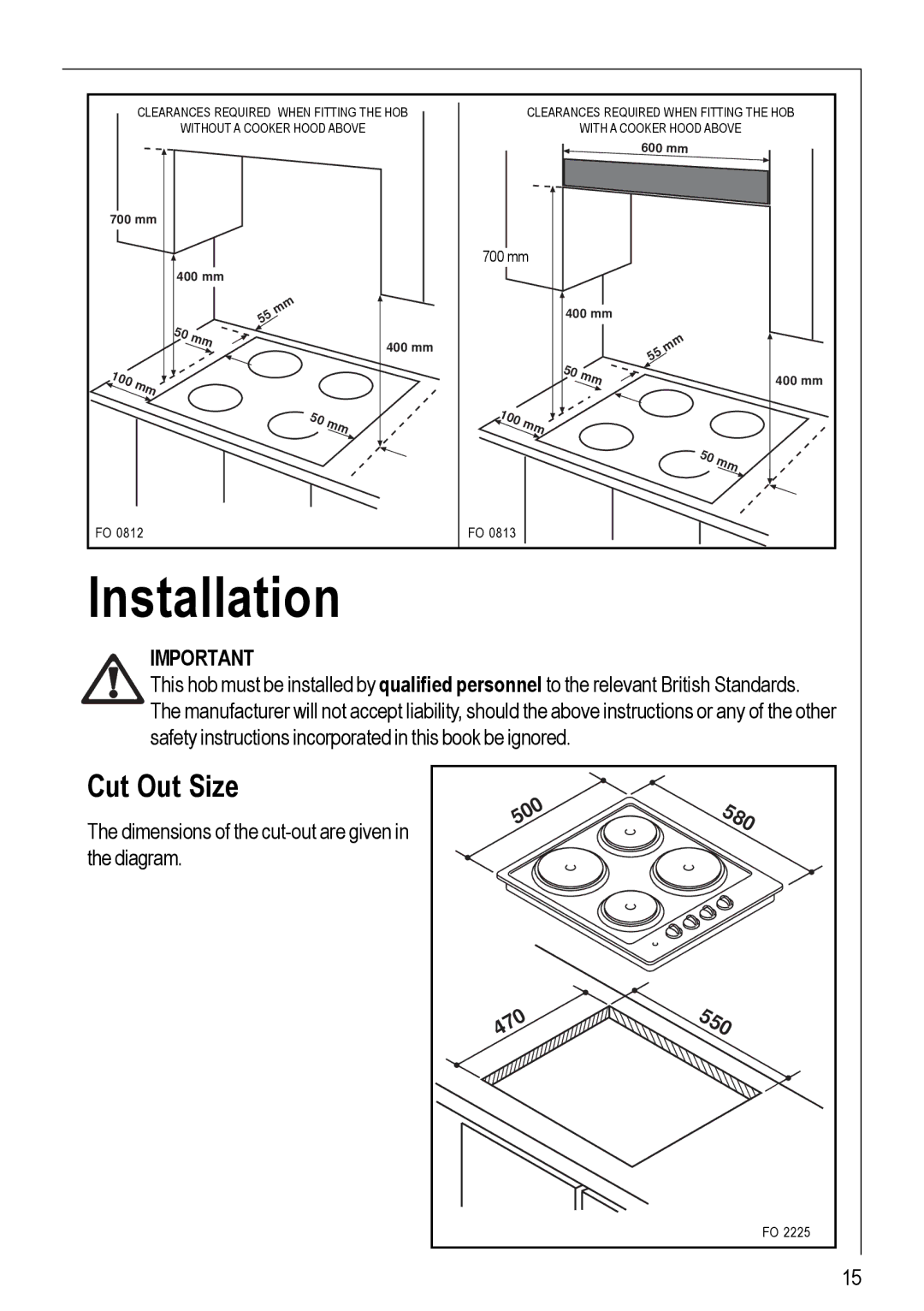 Electrolux 116 K operating instructions Installation, Cut Out Size 