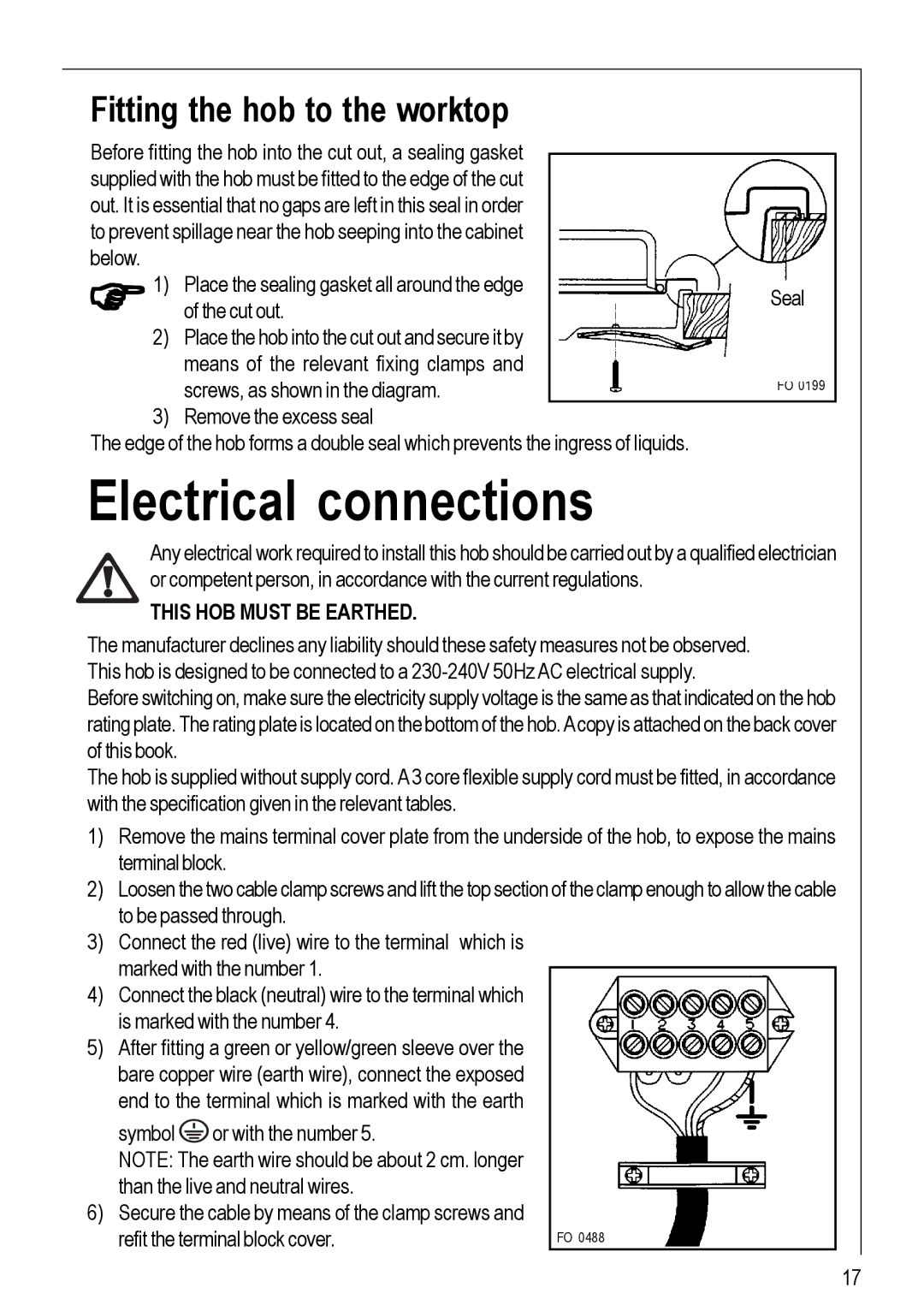 Electrolux 116 K operating instructions Electrical connections, Fitting the hob to the worktop 