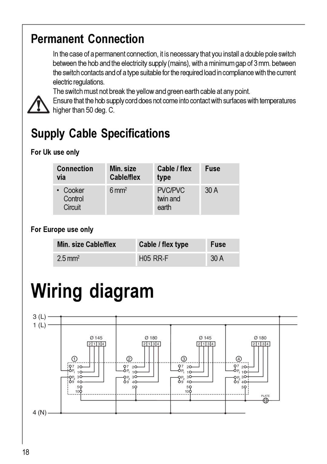 Electrolux 116 K operating instructions Wiring diagram, Permanent Connection, Supply Cable Specifications 