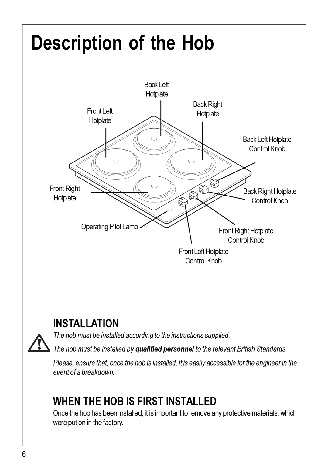 Electrolux 116 K operating instructions Description of the Hob, Installation 