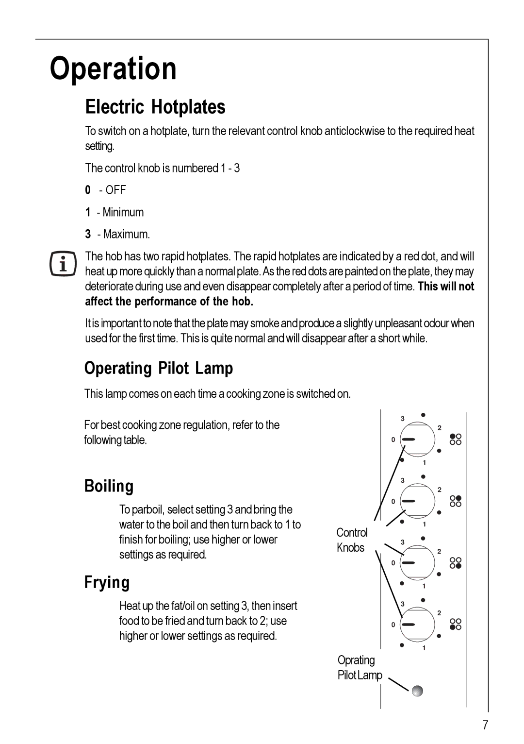 Electrolux 116 K operating instructions Operation, Electric Hotplates, Operating Pilot Lamp, Boiling, Frying 