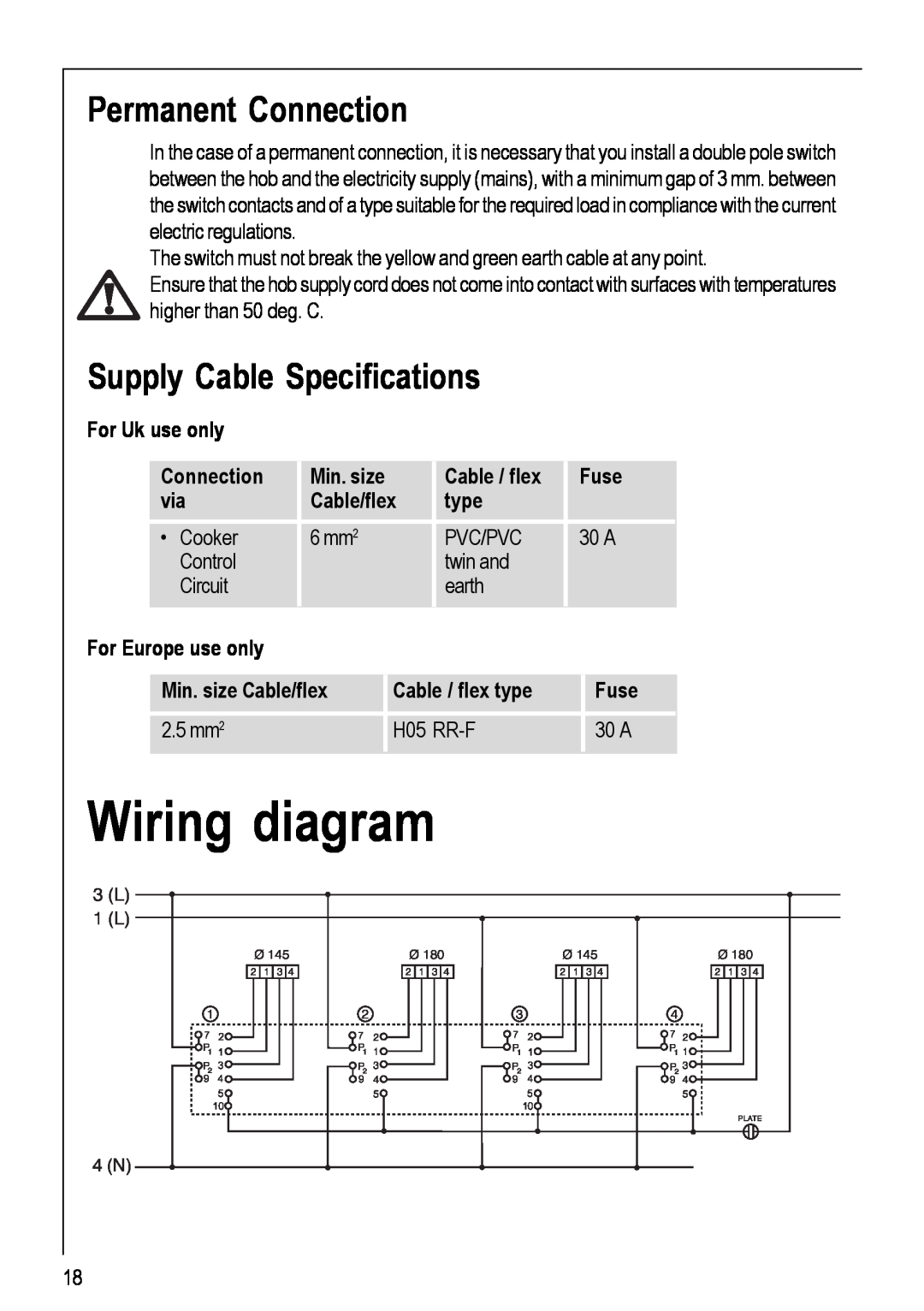 Electrolux 116 K operating instructions Wiring diagram, Permanent Connection, Supply Cable Specifications 