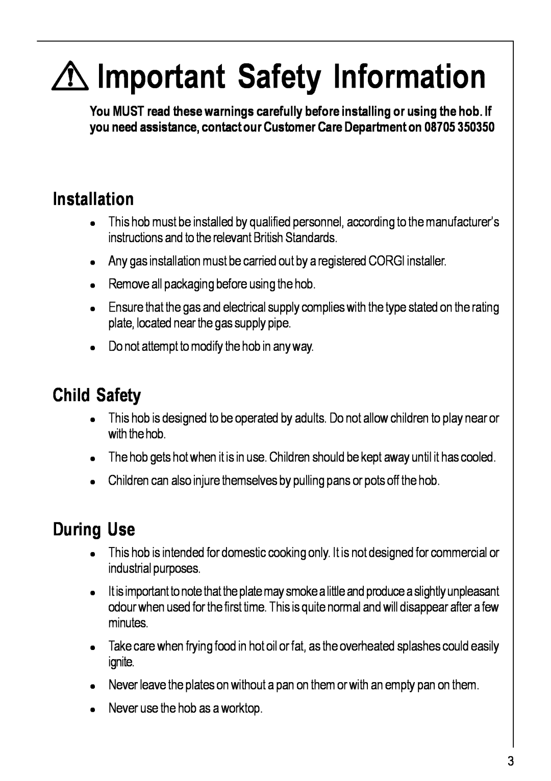 Electrolux 116 K operating instructions Installation, Child Safety, During Use, Important Safety Information 