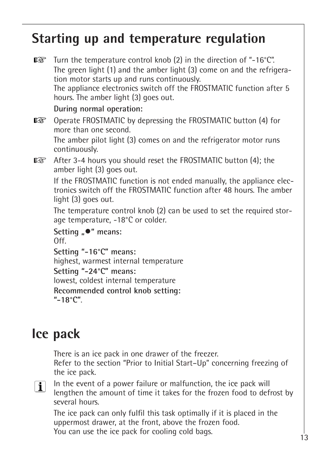 Electrolux 1194-7 GA manual Starting up and temperature regulation, Ice pack 