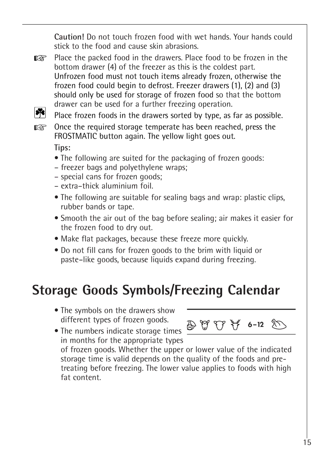 Electrolux 1194-7 GA manual Storage Goods Symbols/Freezing Calendar, Tips 