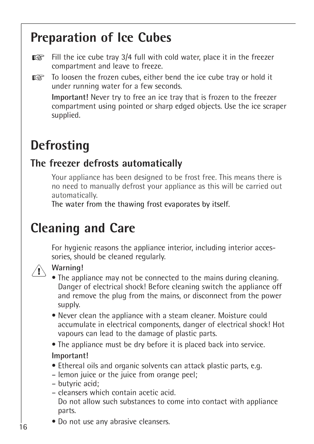 Electrolux 1194-7 GA manual Preparation of Ice Cubes, Defrosting, Cleaning and Care, Freezer defrosts automatically 