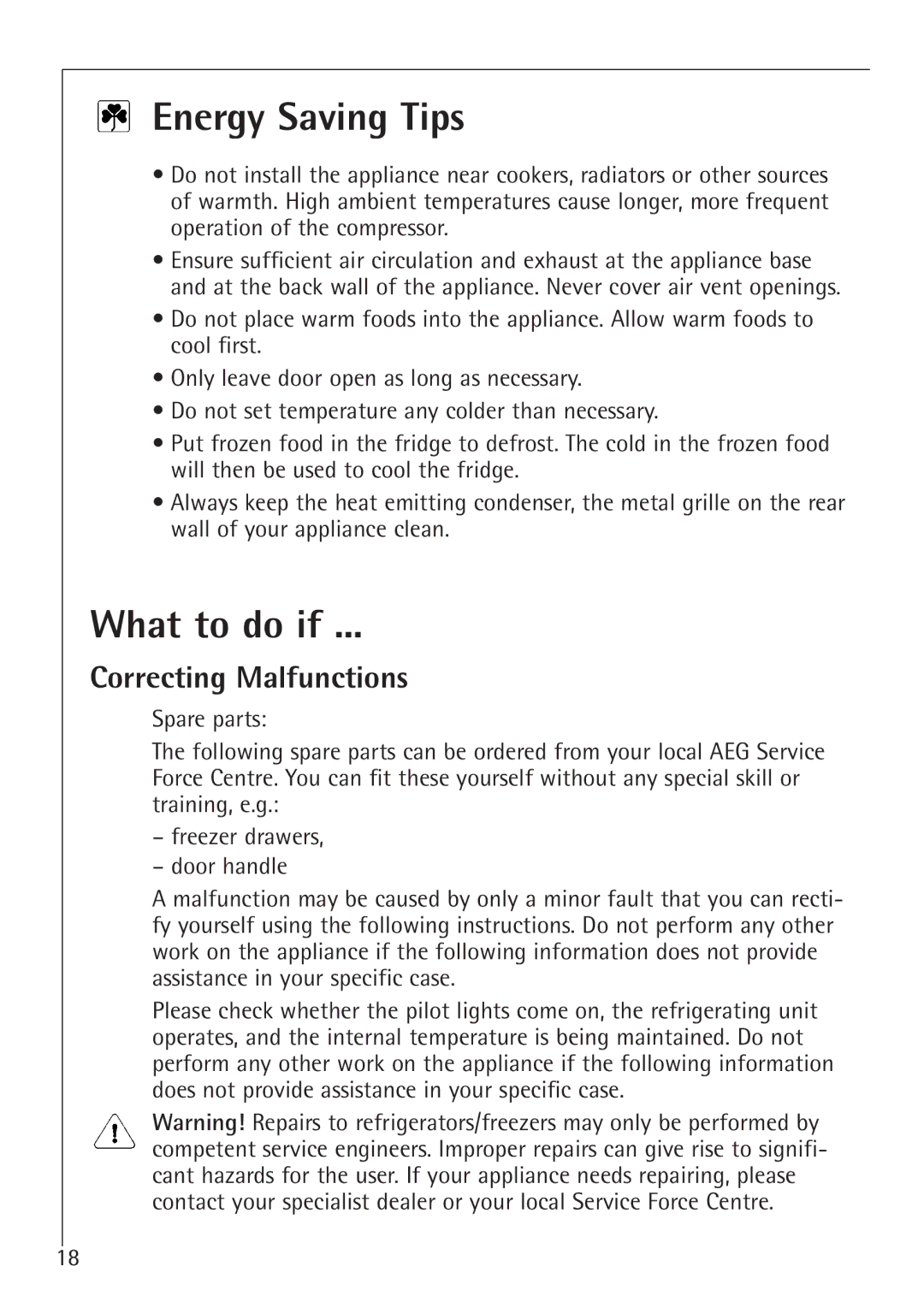 Electrolux 1194-7 GA manual Energy Saving Tips, What to do if, Correcting Malfunctions 