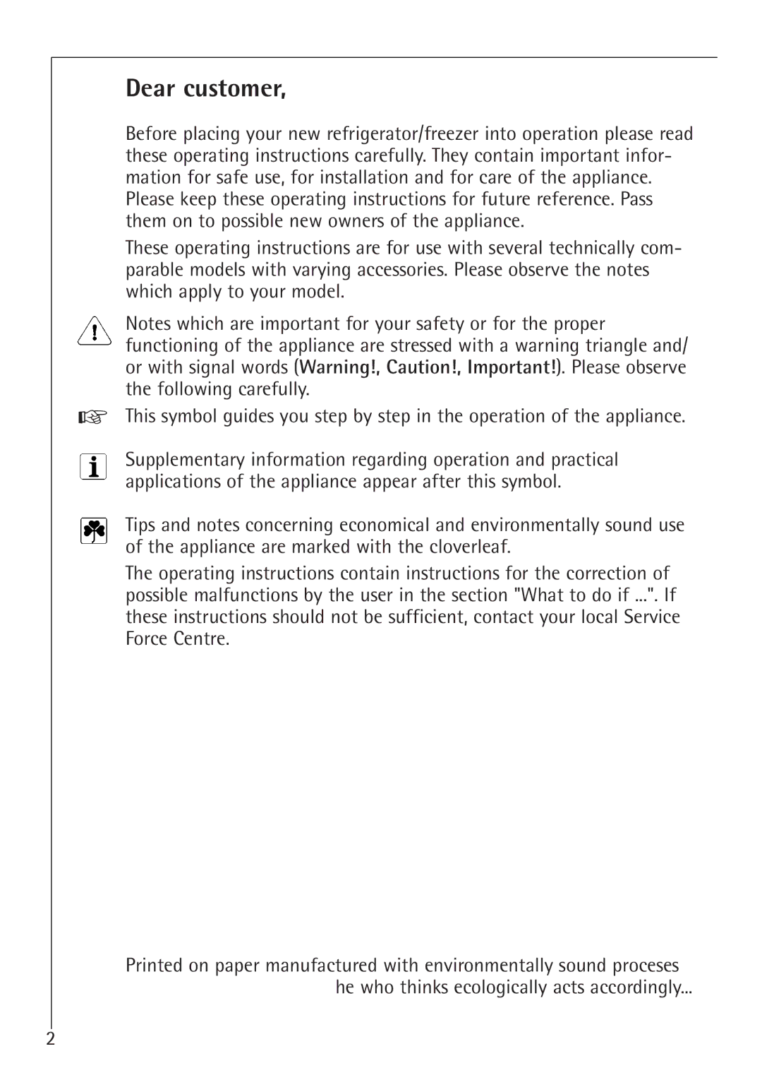 Electrolux 1194-7 GA manual Dear customer 