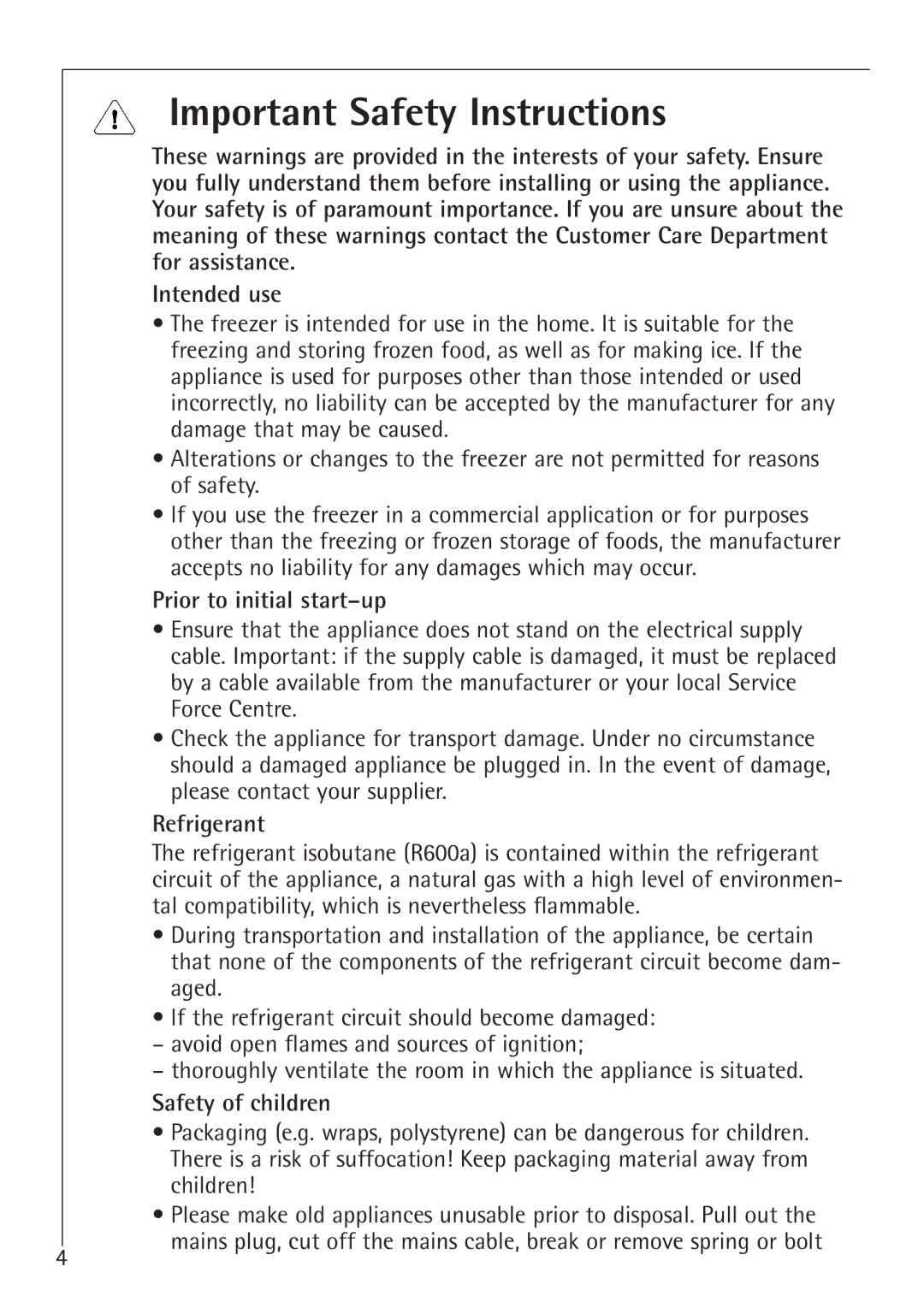 Electrolux 1194-7 GA manual Important Safety Instructions, Prior to initial start-up, Refrigerant, Safety of children 