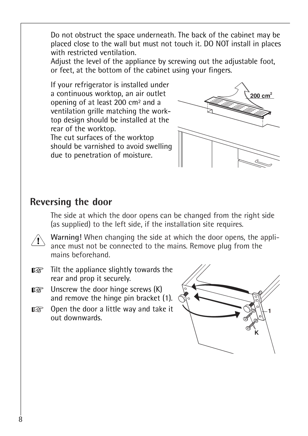 Electrolux 1194-7 GA manual Reversing the door 