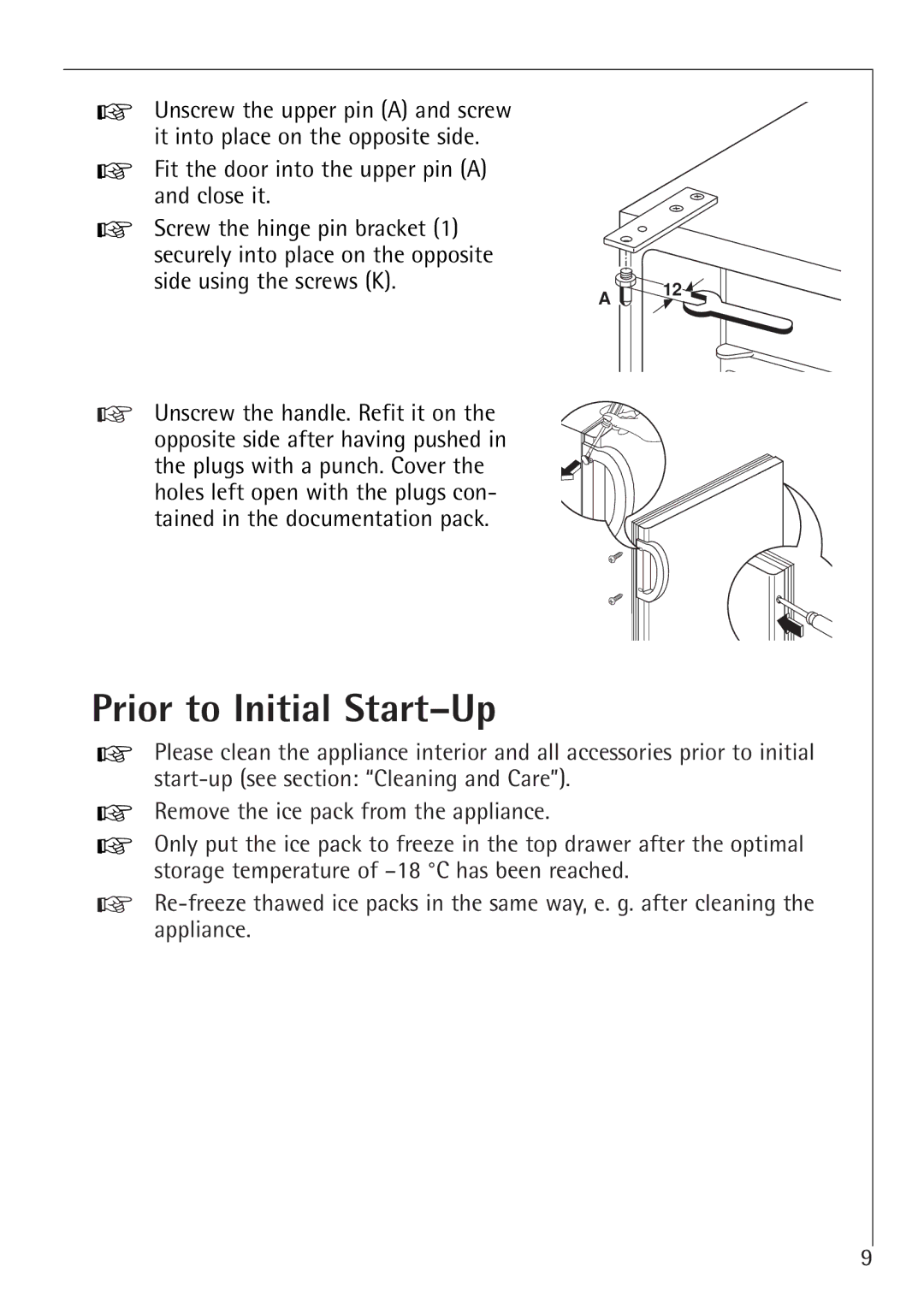 Electrolux 1194-7 GA manual Prior to Initial Start-Up, Fit the door into the upper pin a and close it 