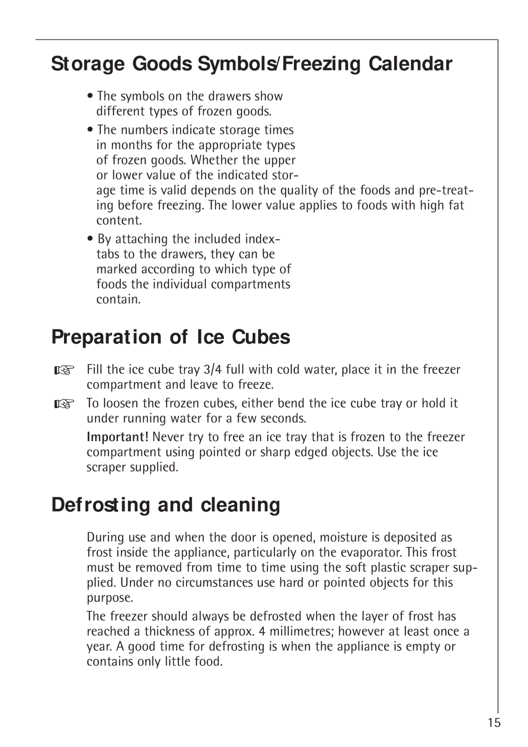 Electrolux 1273-4 GS, 1243-4 GS Storage Goods Symbols/Freezing Calendar, Preparation of Ice Cubes, Defrosting and cleaning 