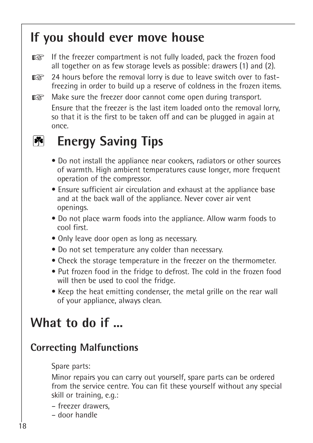 Electrolux 1243-4 GS, 1273-4 GS If you should ever move house, Energy Saving Tips, What to do if, Correcting Malfunctions 