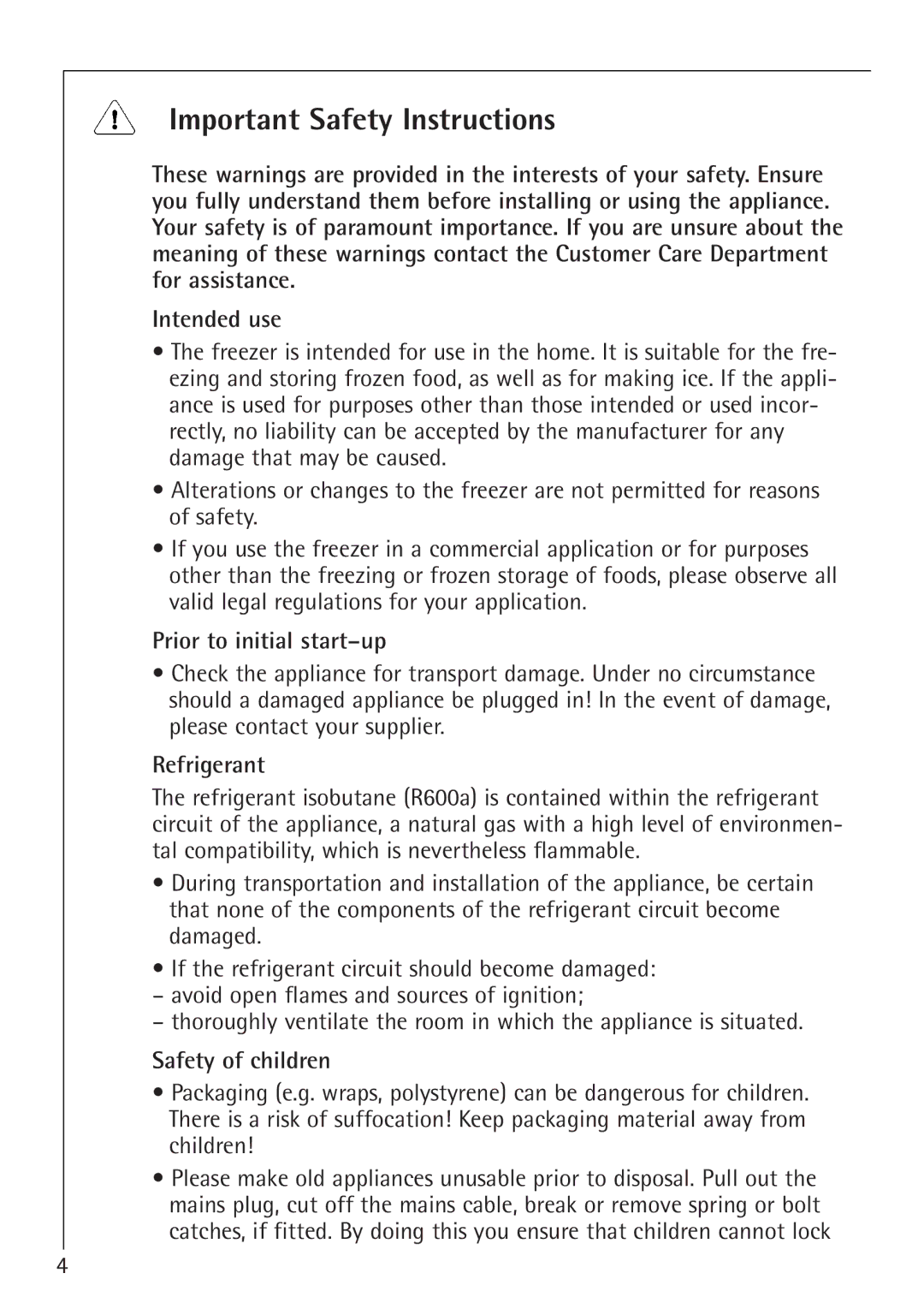 Electrolux 1243-4 GS, 1273-4 GS Important Safety Instructions, Prior to initial start-up, Refrigerant, Safety of children 