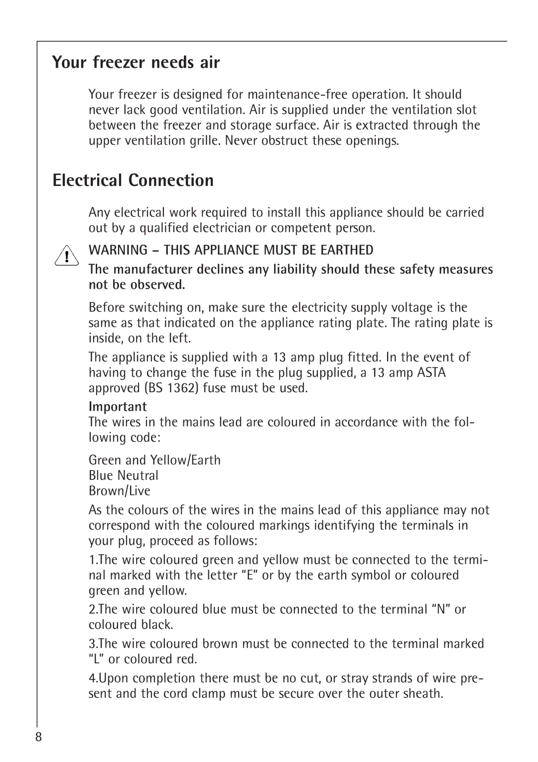 Electrolux 1243-4 GS, 1273-4 GS manual Your freezer needs air, Electrical Connection 