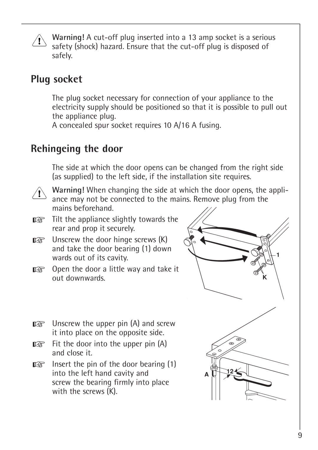 Electrolux 1273-4 GS, 1243-4 GS manual Plug socket, Rehingeing the door 