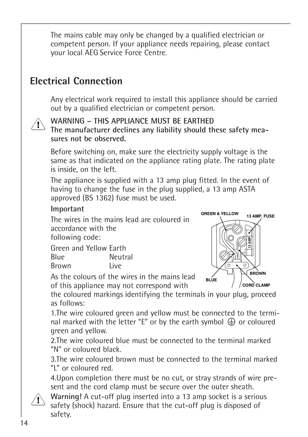 Electrolux 1254-6 iU installation instructions Electrical Connection, This appliance may not correspond with 