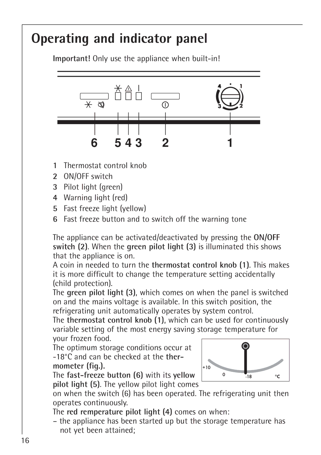 Electrolux 1254-6 iU installation instructions Operating and indicator panel, Red remperature pilot light 4 comes on when 