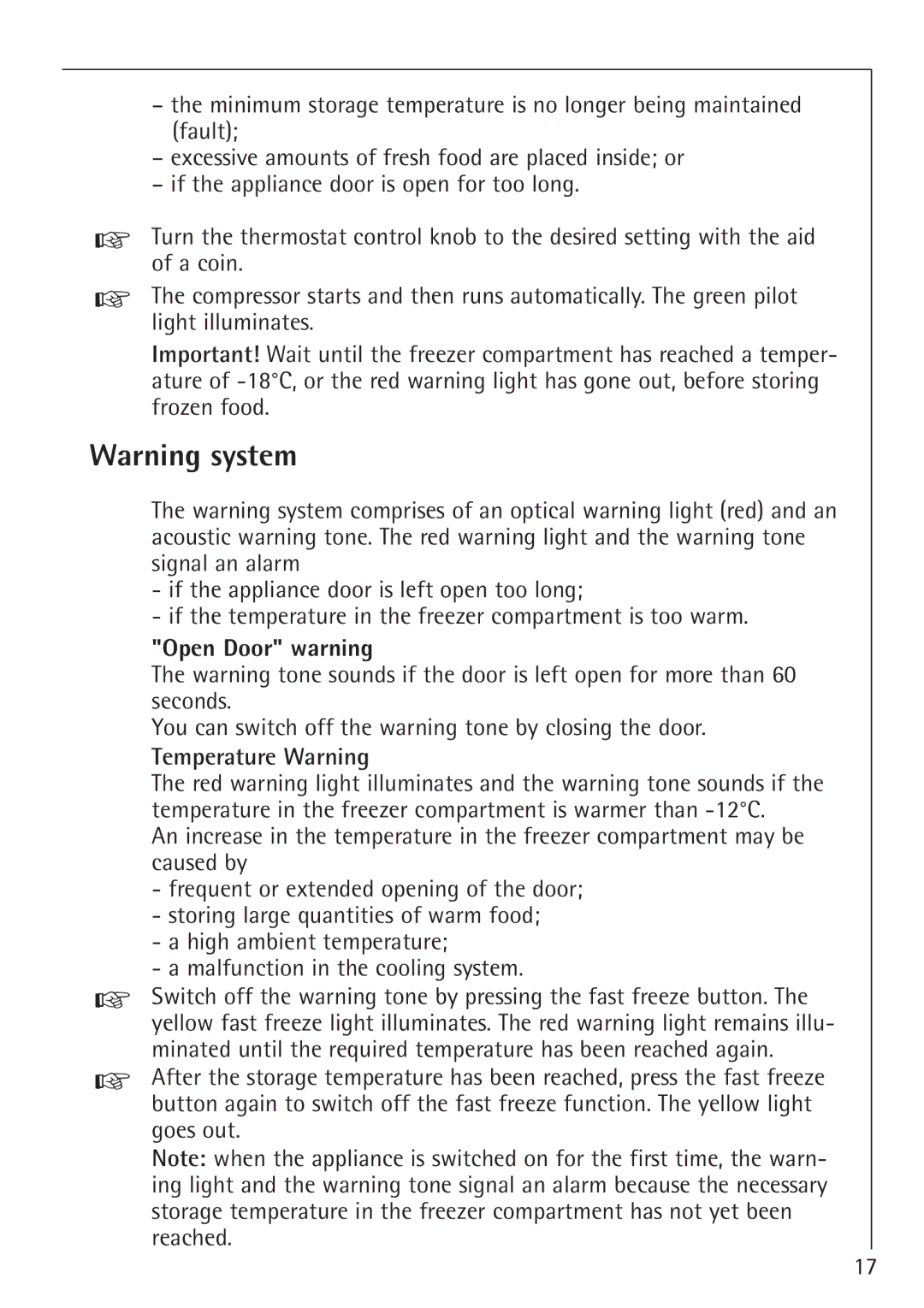 Electrolux 1254-6 iU installation instructions Open Door warning, Temperature Warning 