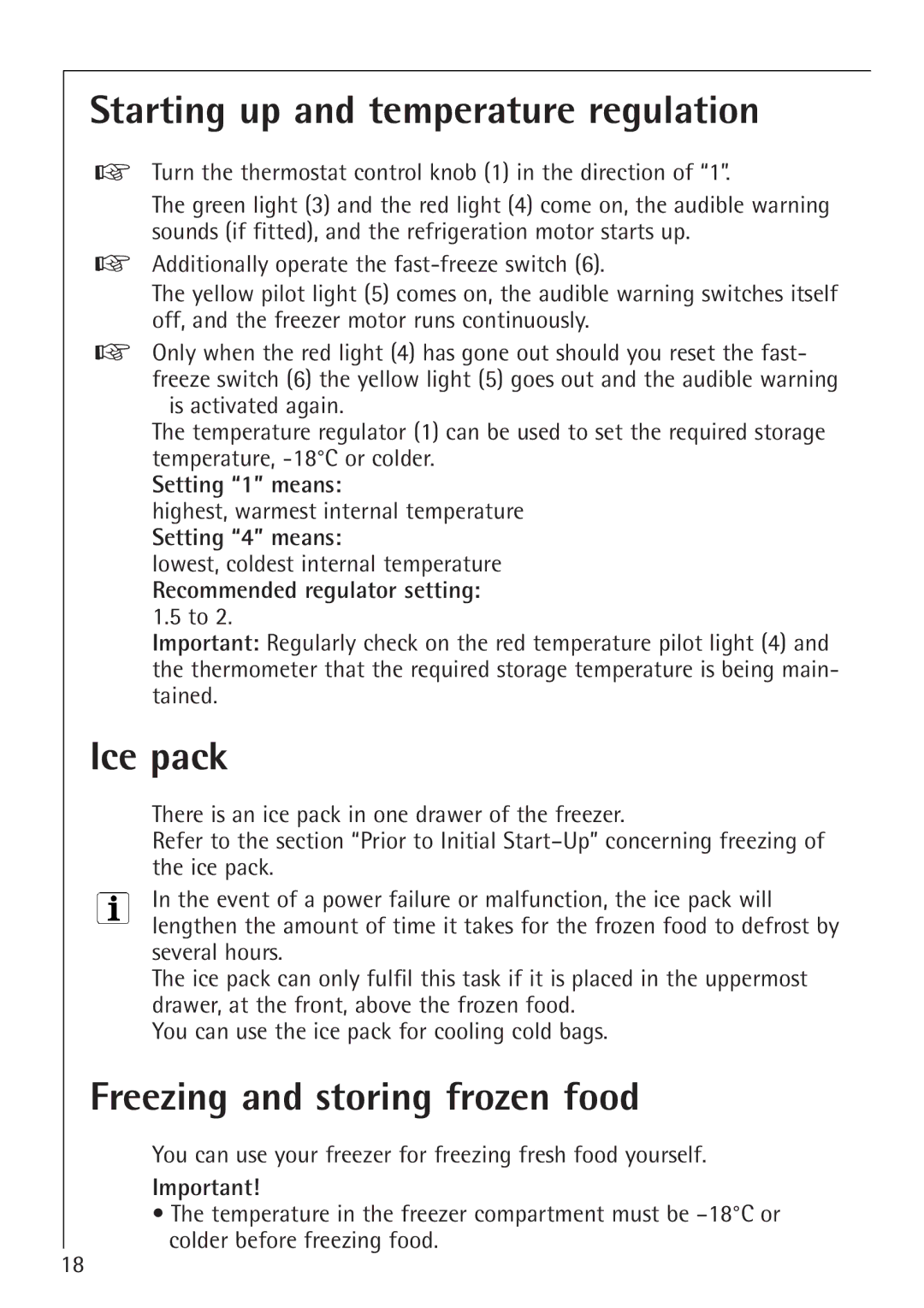 Electrolux 1254-6 iU Starting up and temperature regulation, Ice pack, Freezing and storing frozen food 