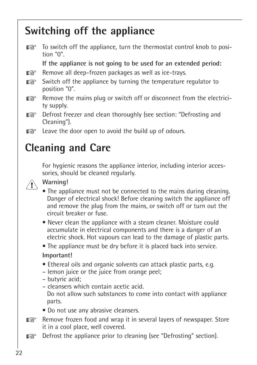 Electrolux 1254-6 iU installation instructions Switching off the appliance, Cleaning and Care 