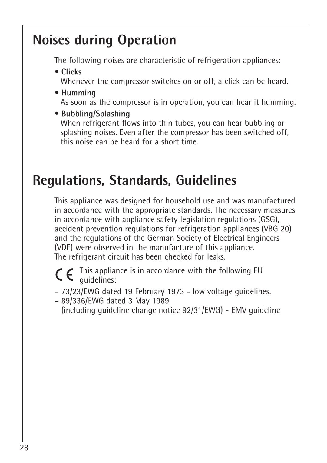 Electrolux 1254-6 iU Noises during Operation, Regulations, Standards, Guidelines, Clicks, Humming, Bubbling/Splashing 