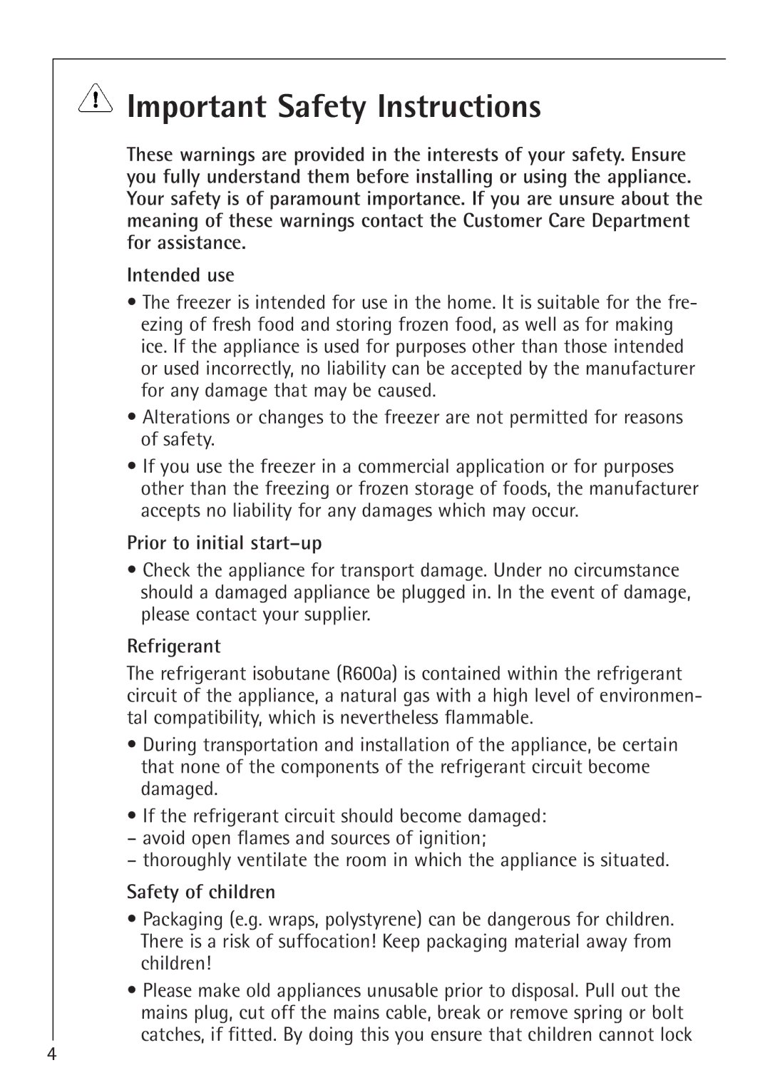 Electrolux 1254-6 iU Important Safety Instructions, Prior to initial start-up, Refrigerant, Safety of children 